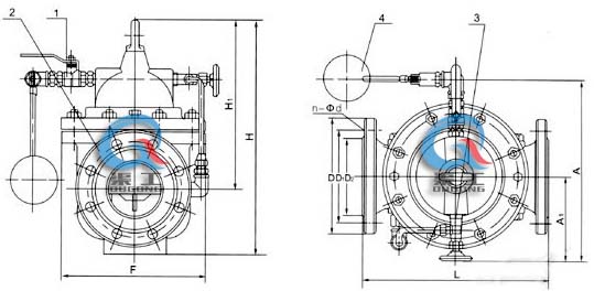 100X遙控浮球閥 外形結(jié)構(gòu)圖 (1、球閥 2、主閥 3、針閥 4、浮球閥)